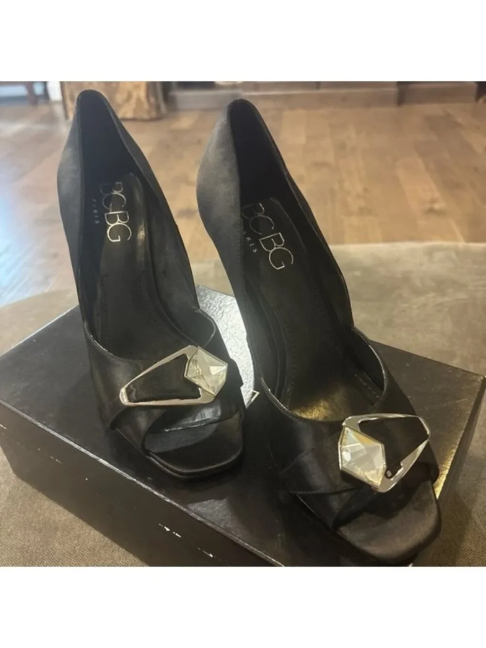 BCBG Black Heels with Floral Embellishment - Picture 1 of 6